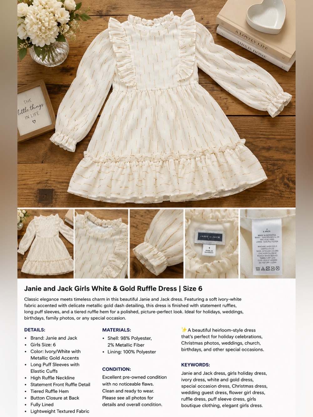 Janie and Jack Ivory & Gold Ruffle Dress